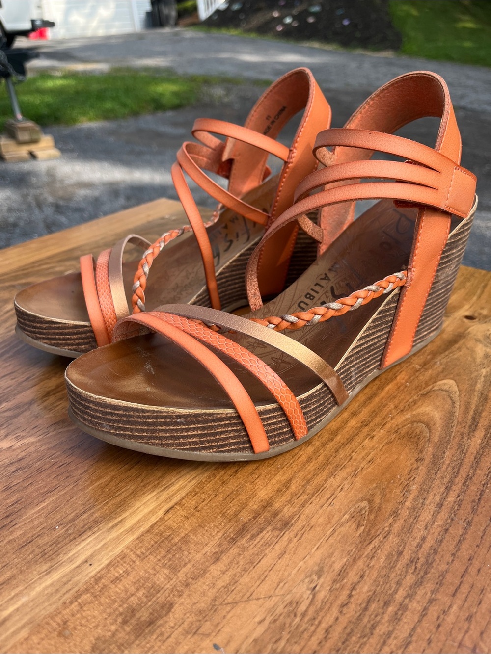 Women's Orange Wedge Sandals with Braided Detail